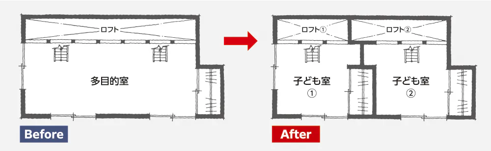 雨楽な家 変化する子供部屋　見取り図